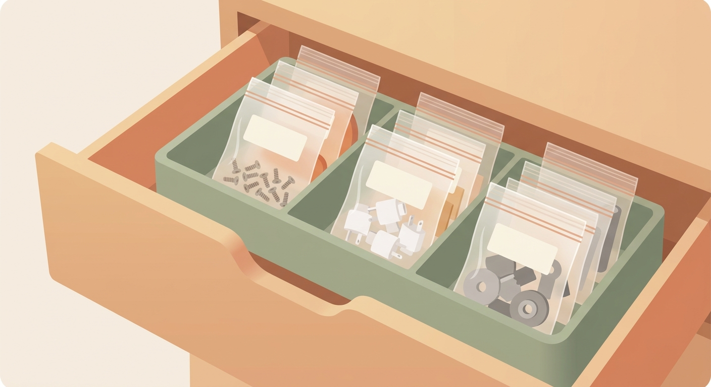 Range les pièces de rechange dans des sachets zip étiquetés