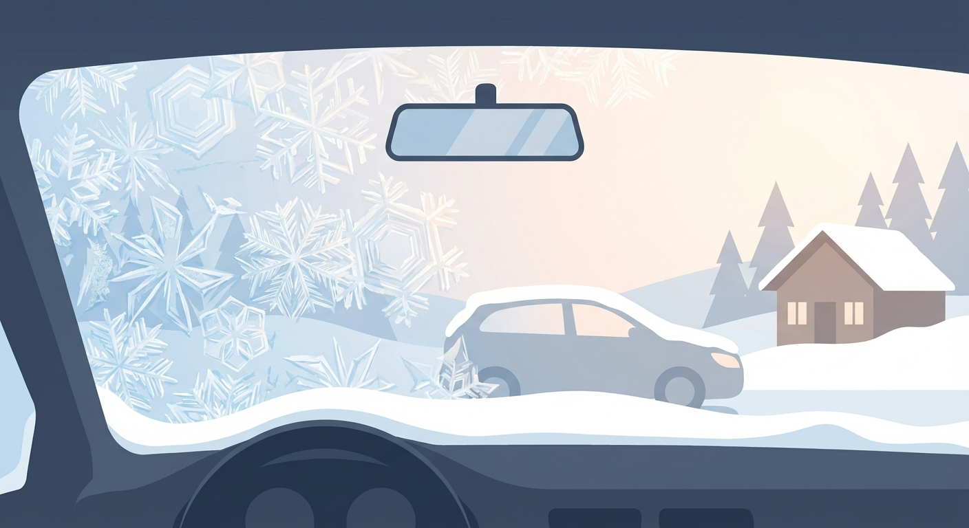 Frozen car windshield on a cold winter morning