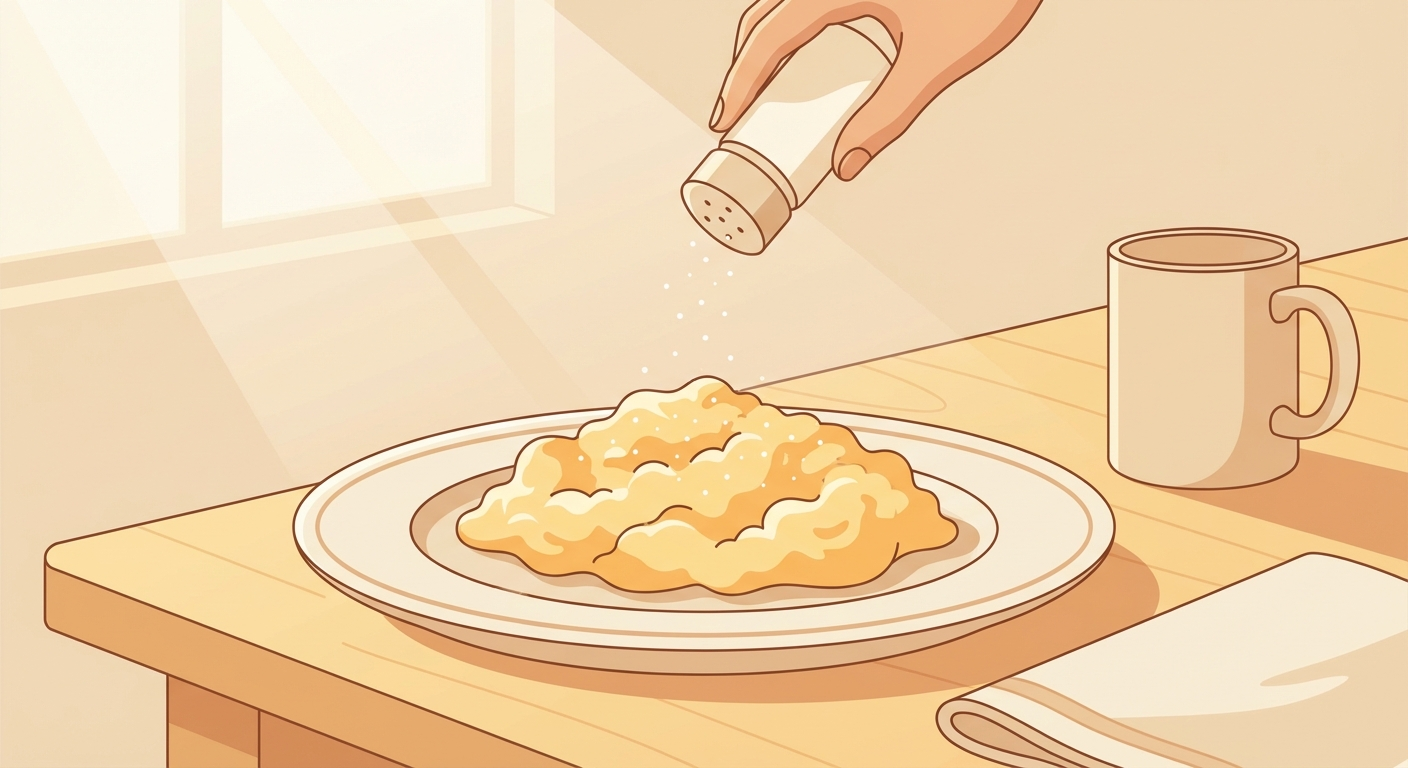 Creamy scrambled eggs being salted at the end