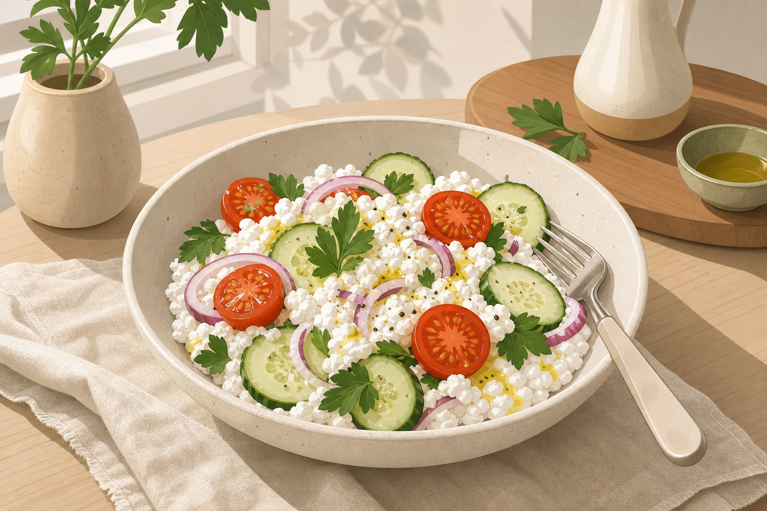 Hüttenkäse-salade: 5 minuten eiwitboost